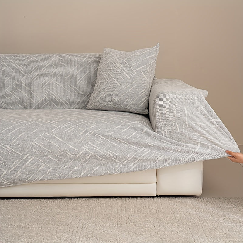 A 2pcs Set of Modern Minimalist Sofa Covers with Matching Pillow Covers, Featuring Geometric Striped Patterns. They Are Elastic, Non-Slip, Durable, Made of Chenille, Suitable for All Seasons, Pet-Friendly, And Perfect for Living Room Sofa Decoration
