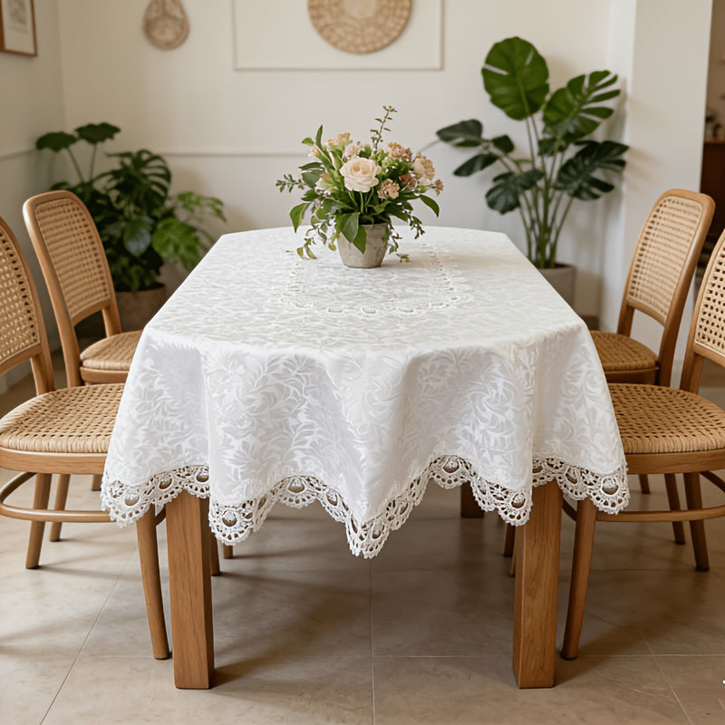 1pc of Pure White Jacquard Lace Embroidered Tablecloth, Oval Shape, Suitable for Parties, Featuring a High-End Jacquard Design, Perfect for Ramadan And Easter, Ideal for Oval Dining Tables, Minimalist European Style, Kitchen Decoration