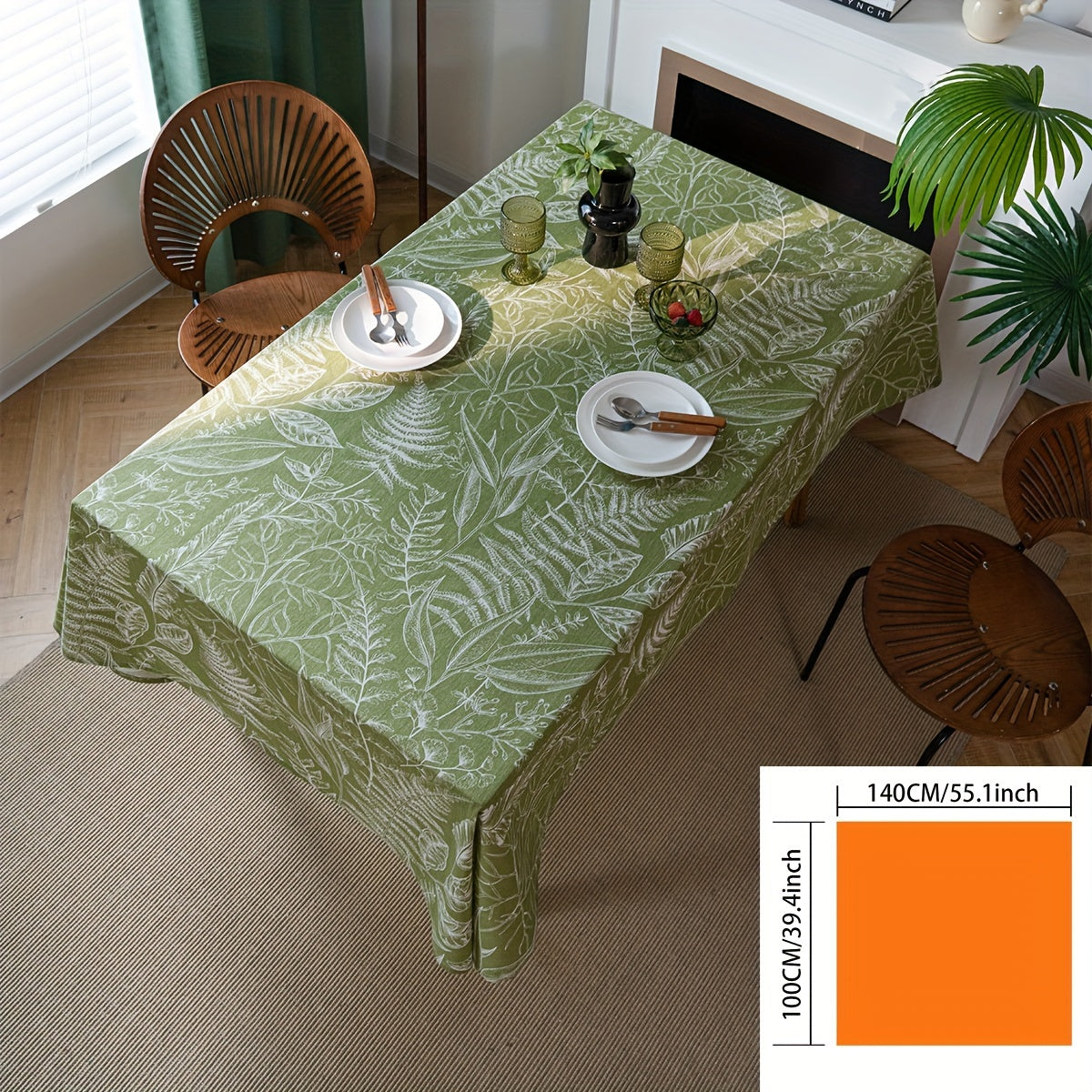Green Leaf Sketch Rectangular Tablecloth - American Style Fabric, Machine-Woven for Kitchen & Dining Room Decor, Direct Supply, 1pc