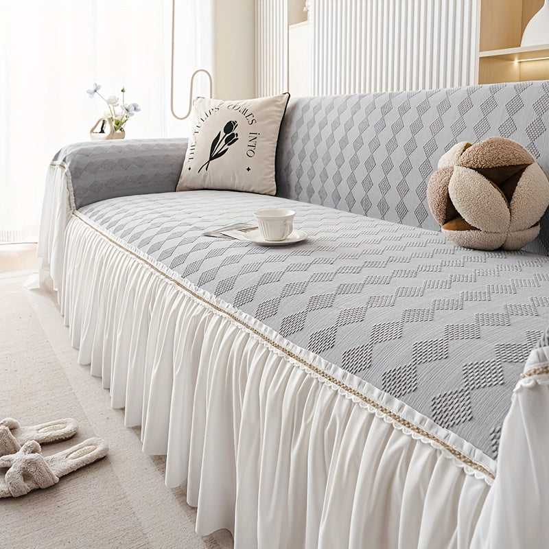 1pc of Creamy Soft And Comfortable Sofa Towel, Nordic Easy Modern Style Chenille Four Seasons Universal Solid Color Sofa Cover Blanket, Diamond Lattice Traditional Geometric Pattern, French Skirt Lace Edge Design, Non-Slip, Suitable for Bedroom