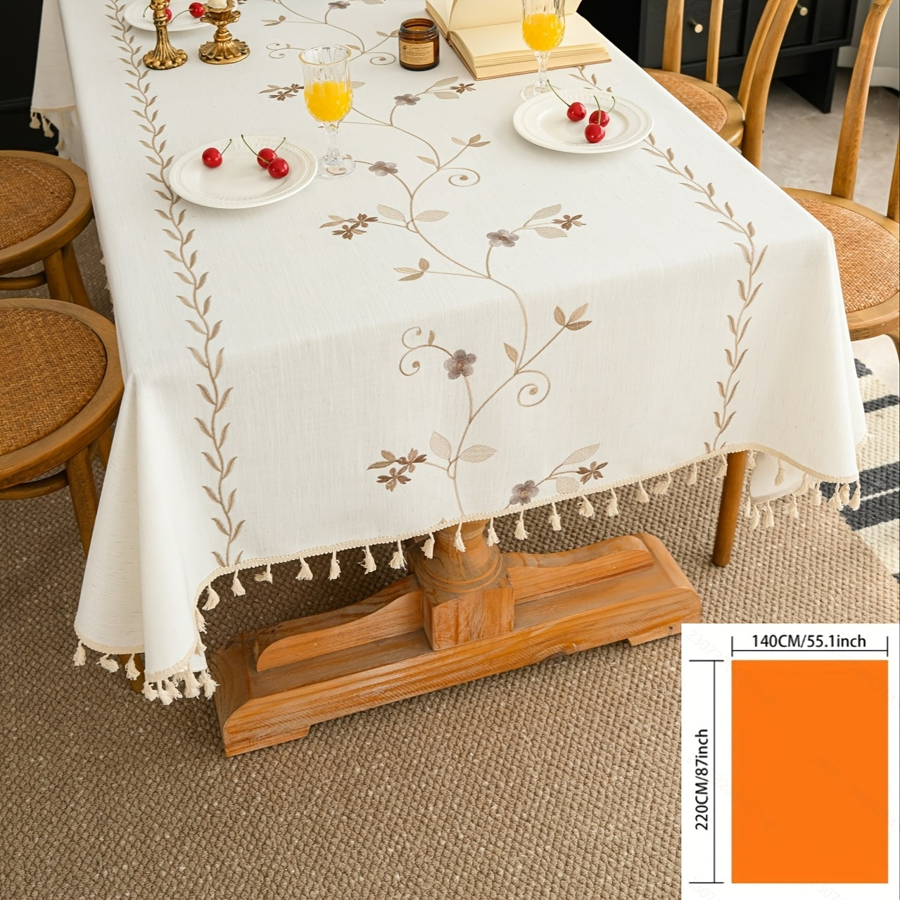 1pc Vintage Fringed Floral Tablecloth Suitable for - Rustic Farmhouse Rectangular Table Cover with Fringe Edges, Washable Adhesive Cover for Weddings, Parties, Kitchen, Dining Table Decor