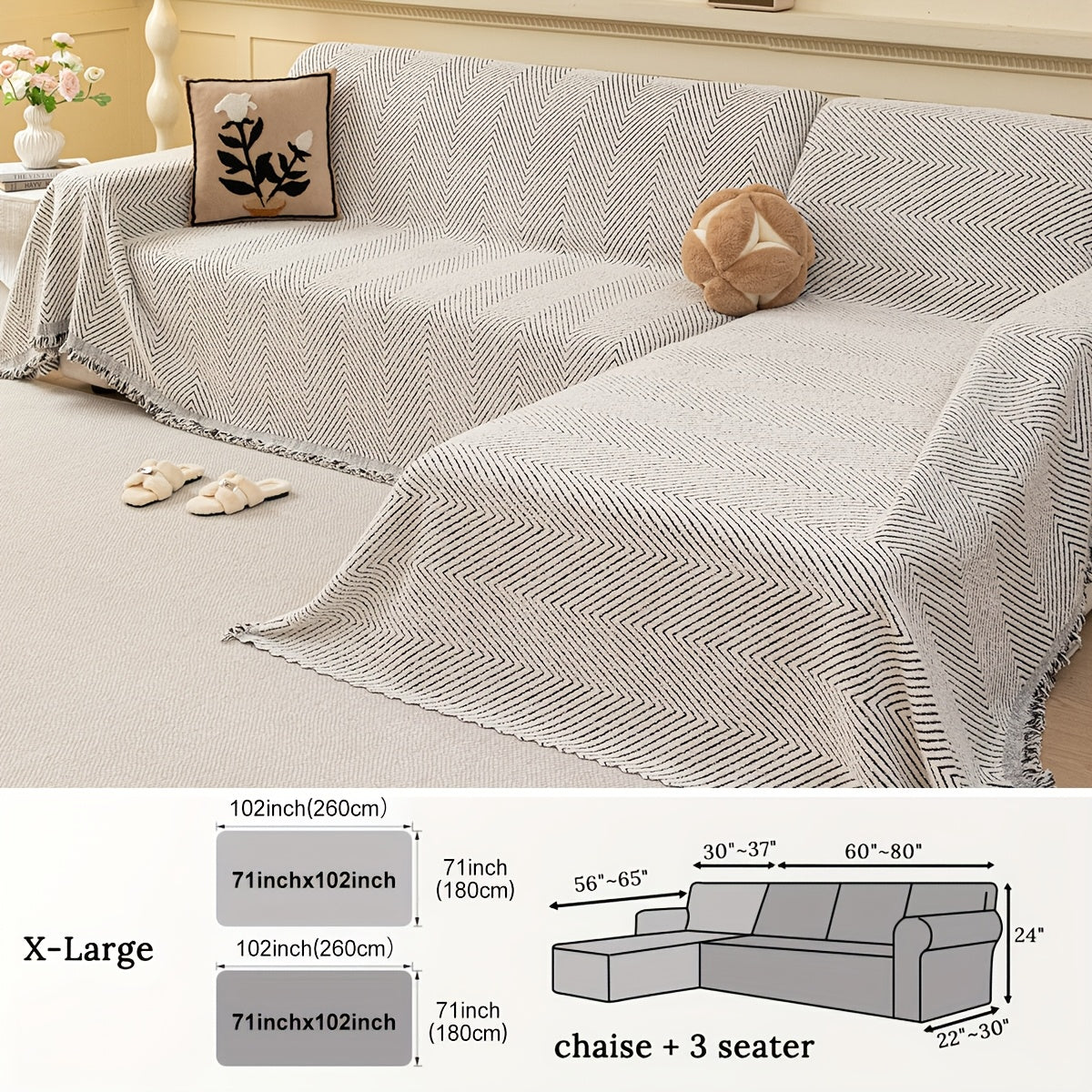 2pcs Jacquard Half-Velvet Easy Striped Sofa Cover with Tassel Decoration, Suitable for Use in Autumn And Winter, Independent Sofa Protector, Integrated Full-Cover Sofa Cover, Applicable for Bedroom, Living Room, Office, And Home Decor