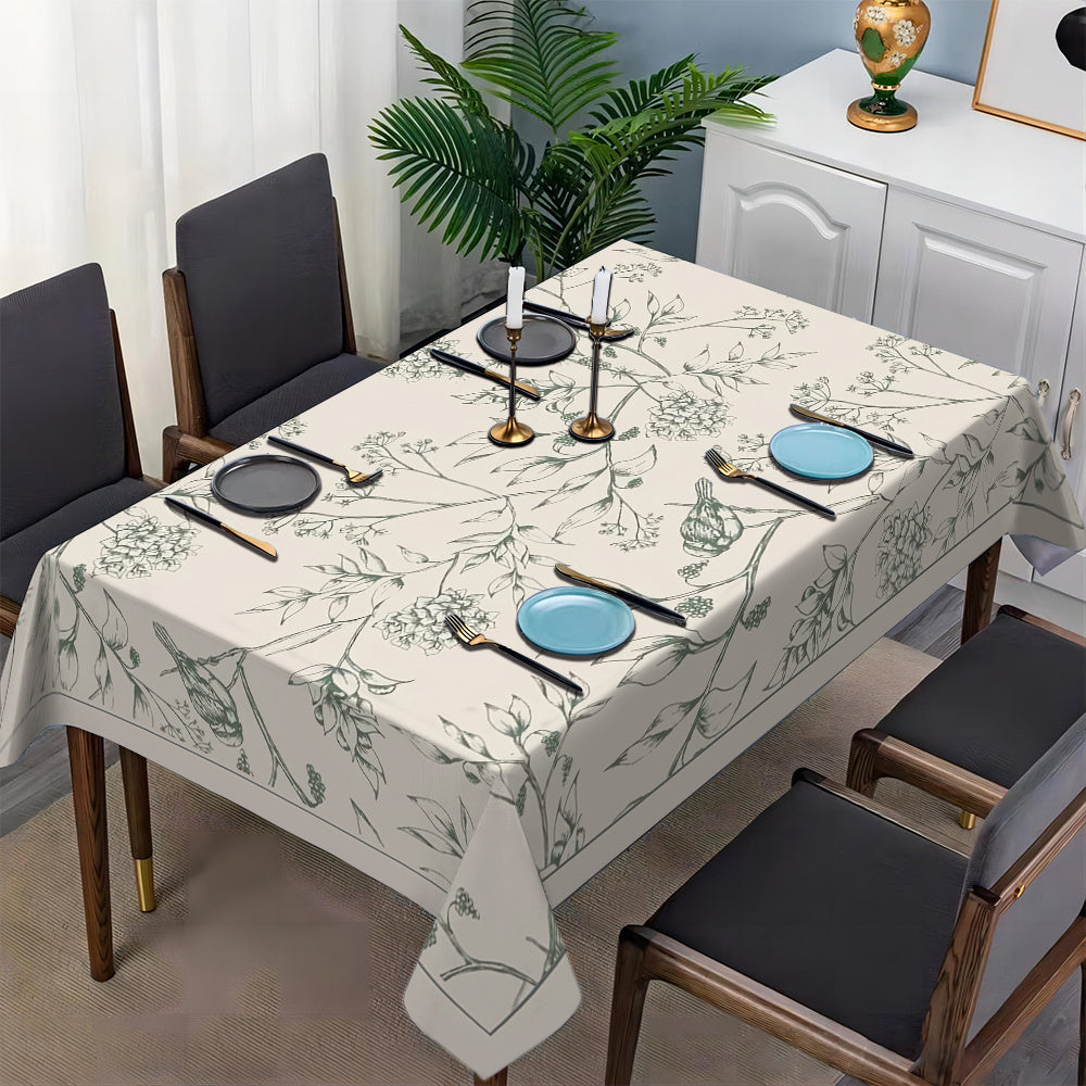 1pc Elegant Floral Print Polyester Tablecloth - Light Gray with Green Leaf Patterns Perfect for Dining Room Kitchen Parties and Holidays - Indoor\u002FOutdoor Use Machine-Made Rectangular Shape Kitchen Tablecloth | Elegant Table Setting | No Frills Around