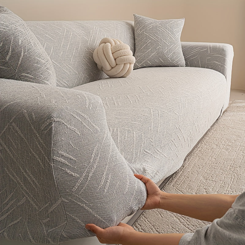 A 2pcs Set of Modern Minimalist Sofa Covers with Matching Pillow Covers, Featuring Geometric Striped Patterns. They Are Elastic, Non-Slip, Durable, Made of Chenille, Suitable for All Seasons, Pet-Friendly, And Perfect for Living Room Sofa Decoration