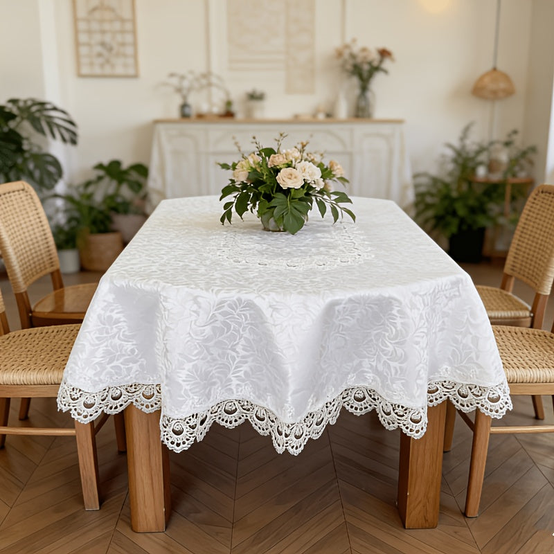 1pc of Pure White Jacquard Lace Embroidered Tablecloth, Oval Shape, Suitable for Parties, Featuring a High-End Jacquard Design, Perfect for Ramadan And Easter, Ideal for Oval Dining Tables, Minimalist European Style, Kitchen Decoration