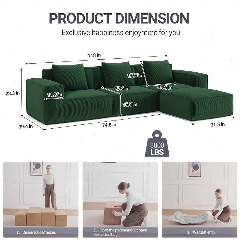 118-Inch Modular Sectional Sofa That Can Be Transformed Into an Oversized Sofa Bed. Comes with a Free Sofa Cover Set, Featuring Flexible Configurations And Soft Corduroy Velvet Fabric for a Three-Person Arrangement