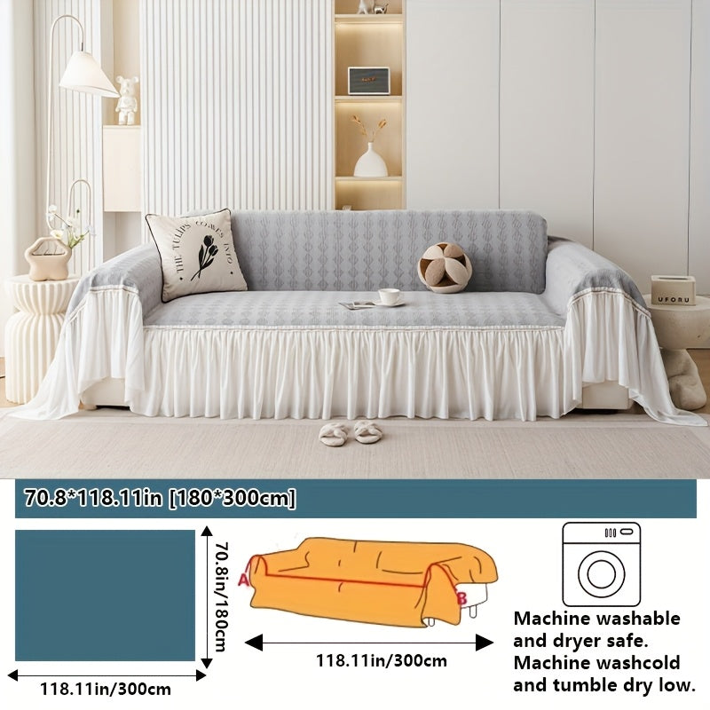 1pc of Creamy Soft And Comfortable Sofa Towel, Nordic Easy Modern Style Chenille Four Seasons Universal Solid Color Sofa Cover Blanket, Diamond Lattice Traditional Geometric Pattern, French Skirt Lace Edge Design, Non-Slip, Suitable for Bedroom