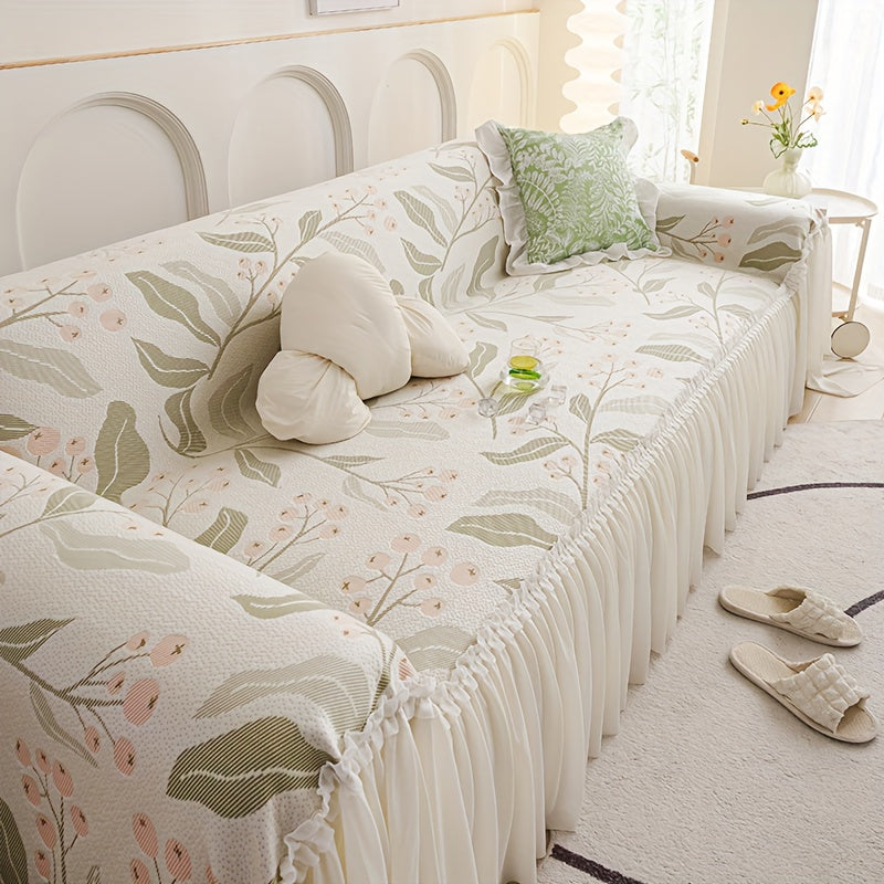 1pc of Premium Chenille Sofa Cover, Featuring Botanical Floral Patterns with Skirt-style Embellishments. This One-piece Full-coverage Non-slip Sofa Slipcover Offers a Design Suitable for All Seasons. Ideal for Bedroom and Living Room