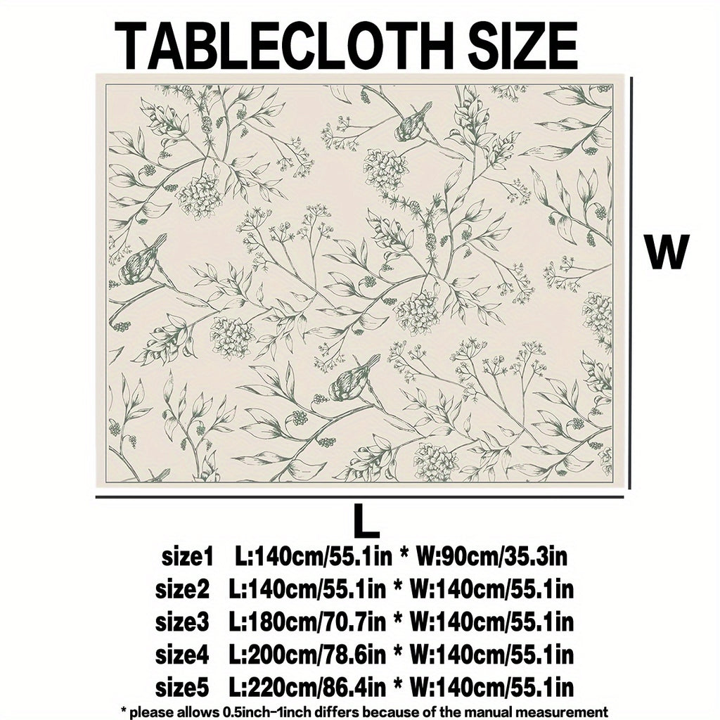 1pc Elegant Floral Print Polyester Tablecloth - Light Gray with Green Leaf Patterns Perfect for Dining Room Kitchen Parties and Holidays - Indoor\u002FOutdoor Use Machine-Made Rectangular Shape Kitchen Tablecloth | Elegant Table Setting | No Frills Around