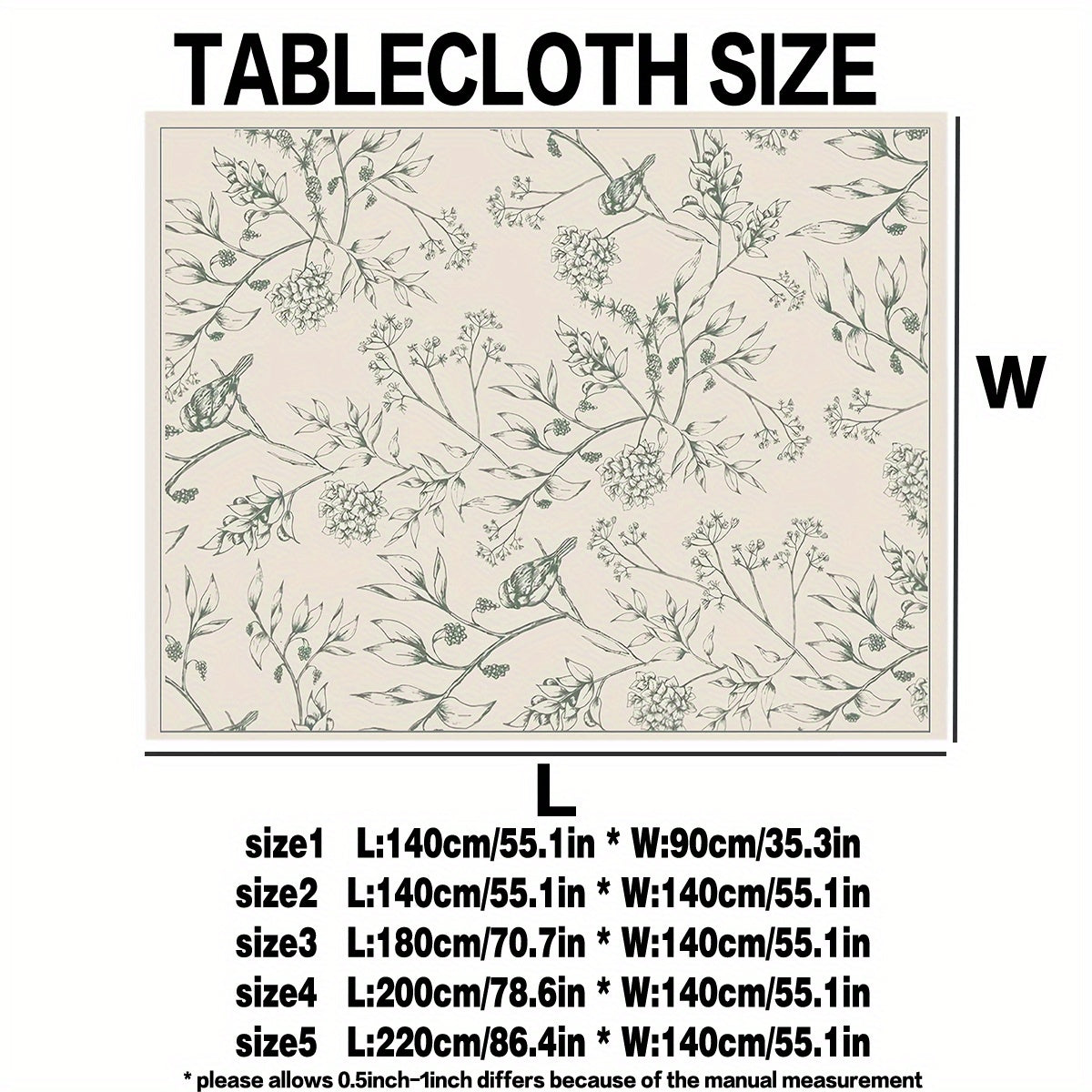 1pc Elegant Floral Print Polyester Tablecloth - Light Gray with Green Leaf Patterns Perfect for Dining Room Kitchen Parties and Holidays - Indoor\u002FOutdoor Use Machine-Made Rectangular Shape Kitchen Tablecloth | Elegant Table Setting | No Frills Around
