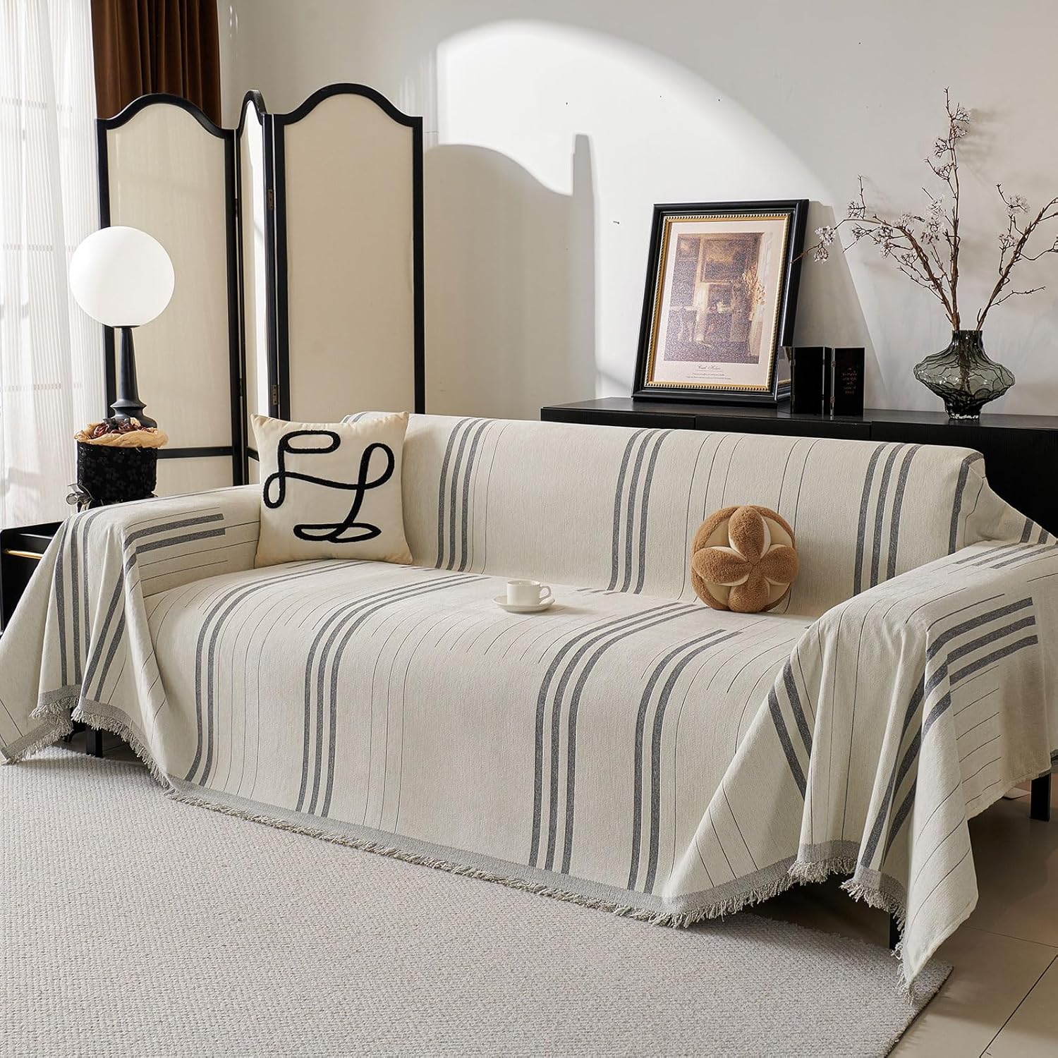 Boho Non-Slip Sofa Cover Compatible for 3-Seater, L-Shaped & Pet Couch Protector - Washable Chenille Sectional Cover with Tassels, Soft Cover Fits for Single\u002FDouble\u002F4-Seater Sofas