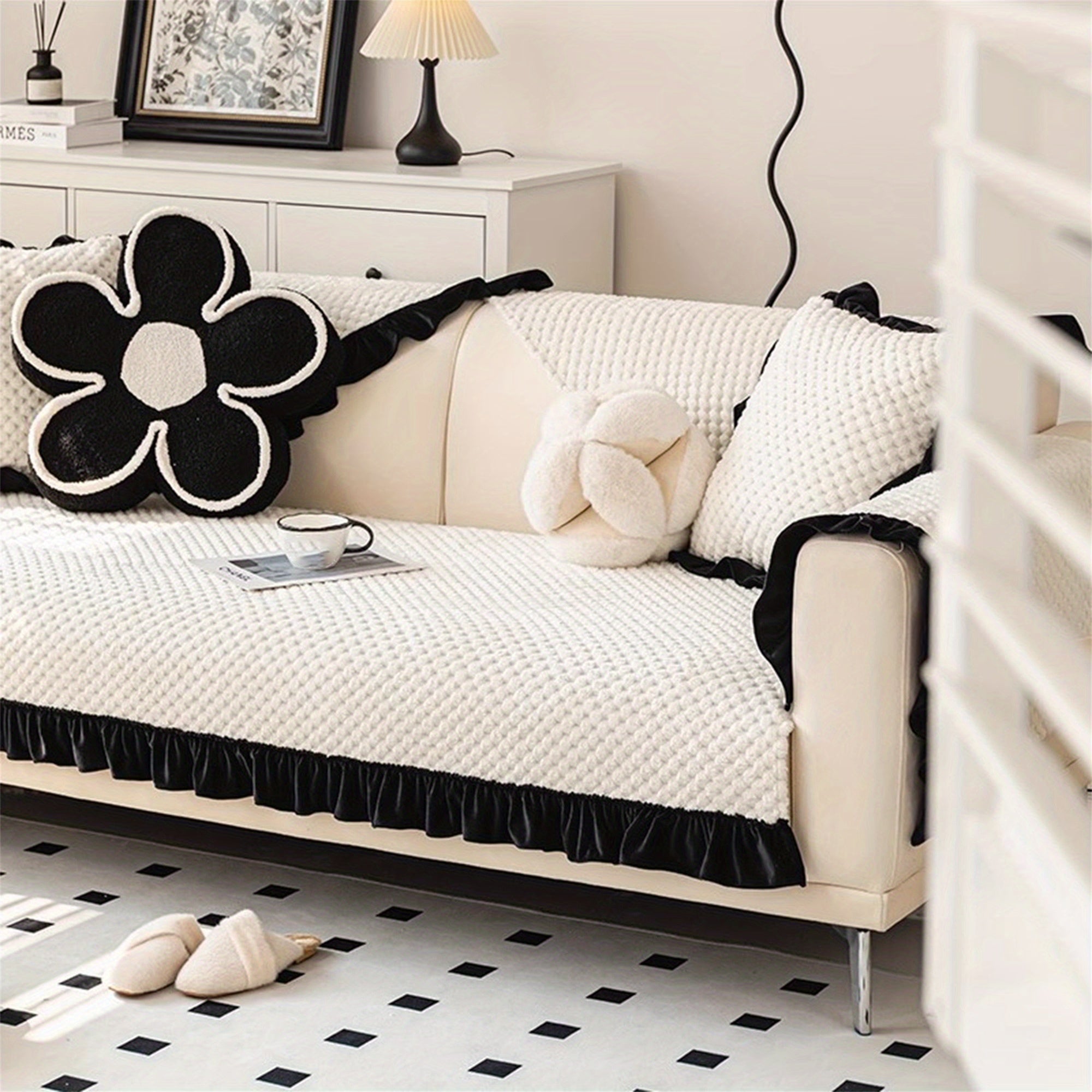 Vintage Ruffled Sofa Slipcover French Style Non-Slip Washable Decorative Couch Covers Furniture Protector for Pets Kids