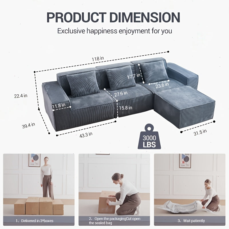 118-Inch Modular Sectional Sofa That Can Be Transformed Into an Oversized Sofa Bed. Comes with a Free Sofa Cover Set, Featuring Flexible Configurations And Soft Corduroy Velvet Fabric for a Three-Person Arrangement