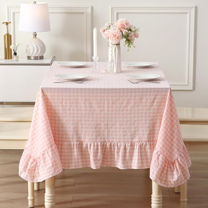 Vintage Cottage Coquette Gingham Checkered Tablecloth - Blush Pink & 100% Polyester Rectangular Dining Table Cover, 70\