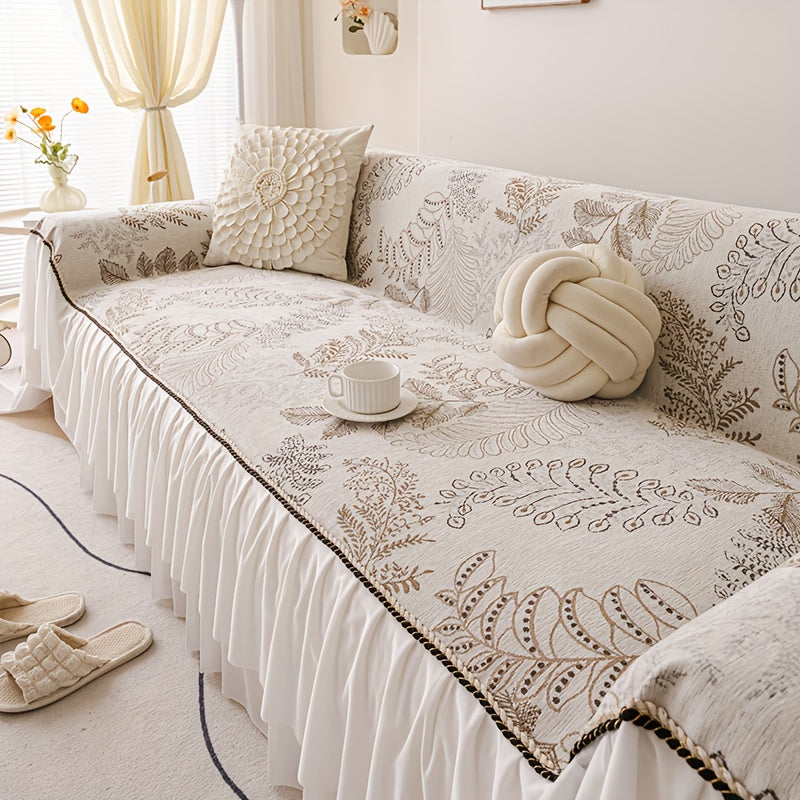 1pc Chenille Sofa Cover with Geometric Leaf Pattern & Lace Trim - Pet-Friendly, Machine Washable, One-Piece Design for 1-4 Seater Sofas, All-Season Living Room & Bedroom Decor