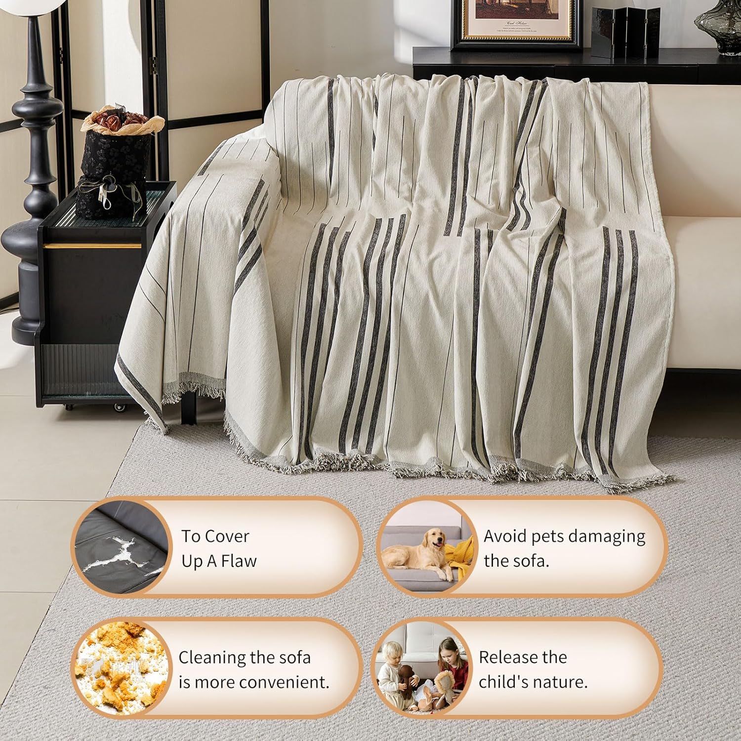 Boho Non-Slip Sofa Cover Compatible for 3-Seater, L-Shaped & Pet Couch Protector - Washable Chenille Sectional Cover with Tassels, Soft Cover Fits for Single\u002FDouble\u002F4-Seater Sofas