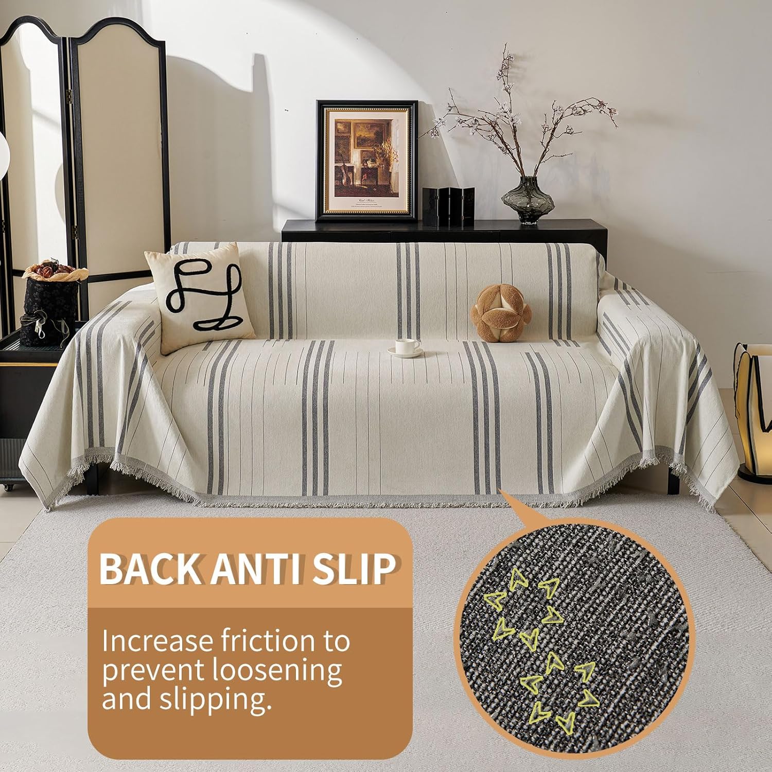 Boho Non-Slip Sofa Cover Compatible for 3-Seater, L-Shaped & Pet Couch Protector - Washable Chenille Sectional Cover with Tassels, Soft Cover Fits for Single\u002FDouble\u002F4-Seater Sofas