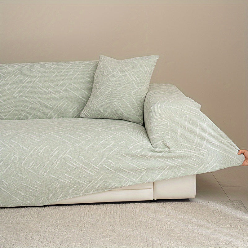 A 2pcs Set of Modern Minimalist Sofa Covers with Matching Pillow Covers, Featuring Geometric Striped Patterns. They Are Elastic, Non-Slip, Durable, Made of Chenille, Suitable for All Seasons, Pet-Friendly, And Perfect for Living Room Sofa Decoration