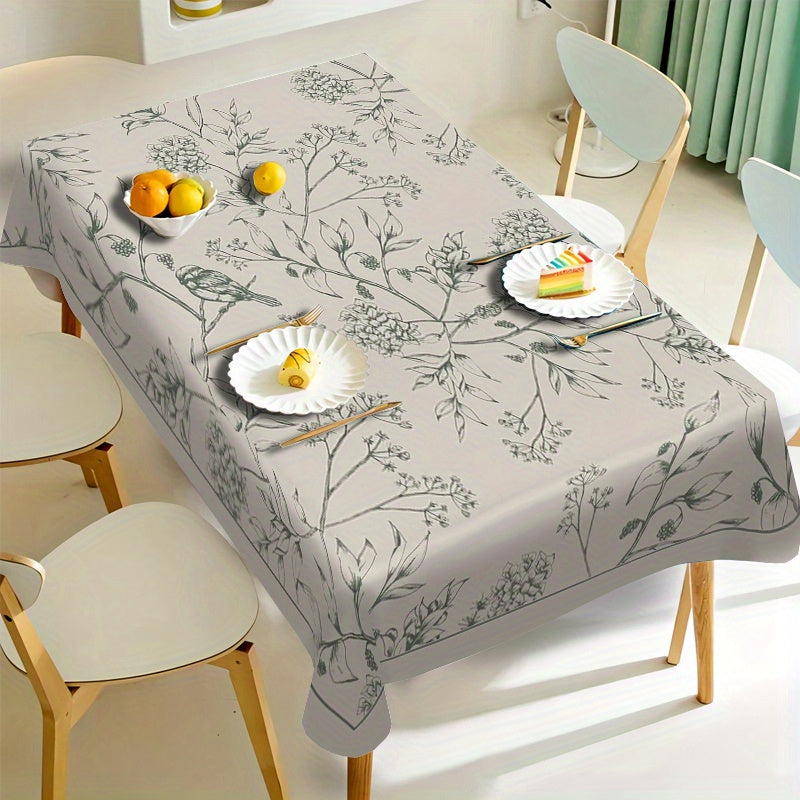 1pc Elegant Floral Print Polyester Tablecloth - Light Gray with Green Leaf Patterns Perfect for Dining Room Kitchen Parties and Holidays - Indoor\u002FOutdoor Use Machine-Made Rectangular Shape Kitchen Tablecloth | Elegant Table Setting | No Frills Around