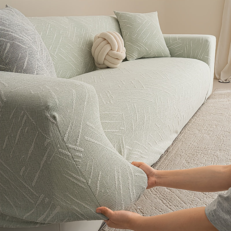 A 2pcs Set of Modern Minimalist Sofa Covers with Matching Pillow Covers, Featuring Geometric Striped Patterns. They Are Elastic, Non-Slip, Durable, Made of Chenille, Suitable for All Seasons, Pet-Friendly, And Perfect for Living Room Sofa Decoration