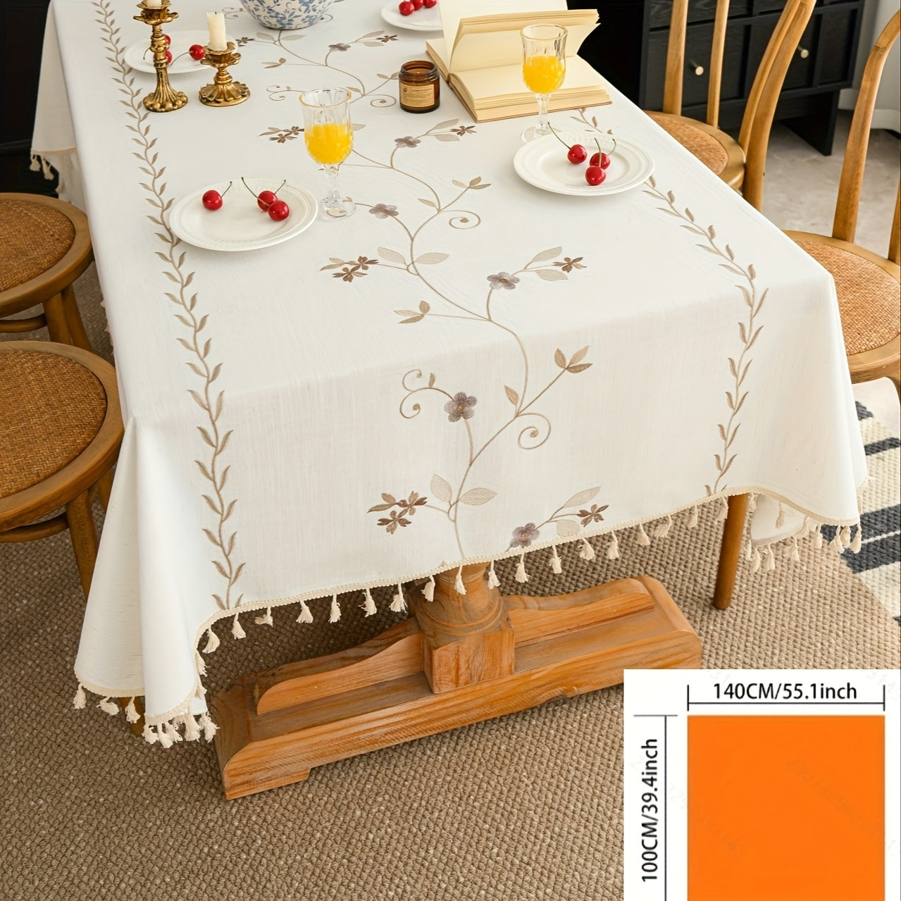 1pc Vintage Fringed Floral Tablecloth Suitable for - Rustic Farmhouse Rectangular Table Cover with Fringe Edges, Washable Adhesive Cover for Weddings, Parties, Kitchen, Dining Table Decor