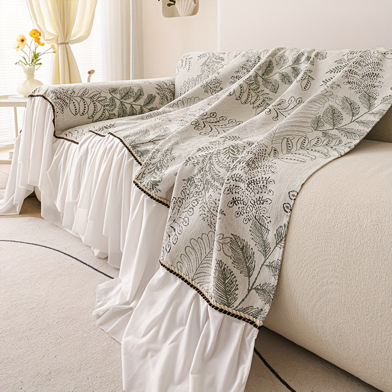 1pc Chenille Sofa Cover with Geometric Leaf Pattern & Lace Trim - Pet-Friendly, Machine Washable, One-Piece Design for 1-4 Seater Sofas, All-Season Living Room & Bedroom Decor