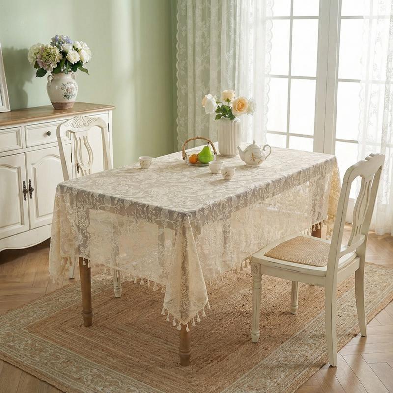 1pc Retro Style Polyester Fiber Table Cloth with Handmade & Fringe Trim | Simple Rectangular Design | Home & Dining Use