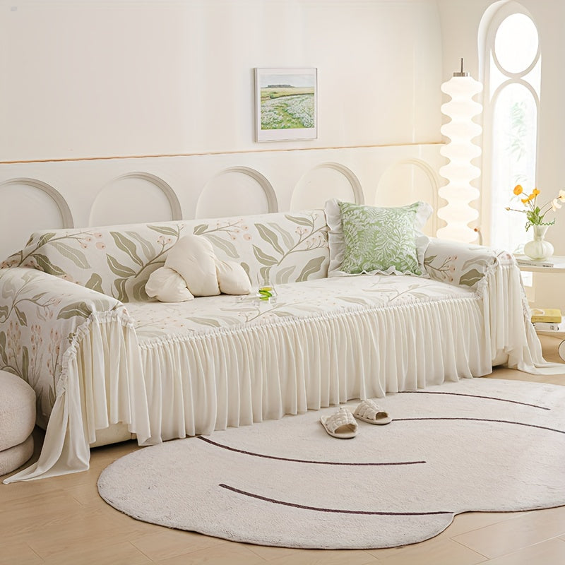 1pc of Premium Chenille Sofa Cover, Featuring Botanical Floral Patterns with Skirt-style Embellishments. This One-piece Full-coverage Non-slip Sofa Slipcover Offers a Design Suitable for All Seasons. Ideal for Bedroom and Living Room