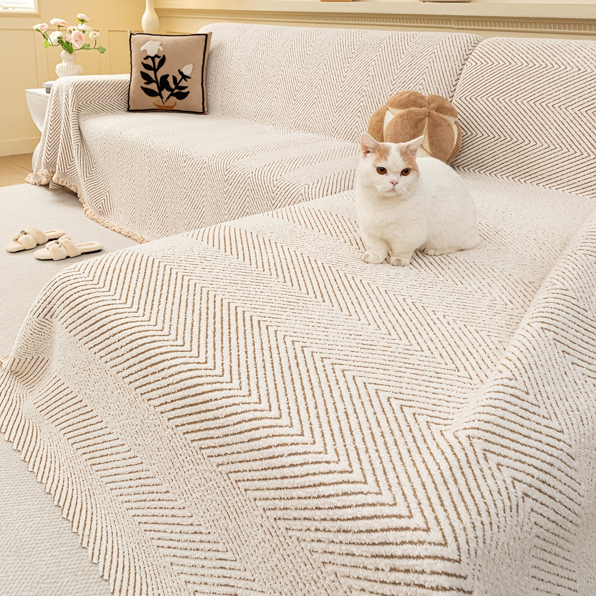 2pcs Jacquard Half-Velvet Easy Striped Sofa Cover with Tassel Decoration, Suitable for Use in Autumn And Winter, Independent Sofa Protector, Integrated Full-Cover Sofa Cover, Applicable for Bedroom, Living Room, Office, And Home Decor